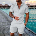 Men's Athletic T-Shirt Set Casual Mesh Lapel Short Sleeve Pullover Tops+Shorts 2-Piece Solid Thin Sporty Suits Black 2pcs Sets.