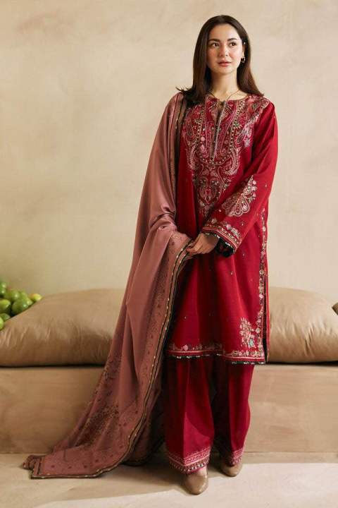 ZAHRA SHAHJAHAN 3PC Embroidered Shirt - Dhanak Fabric with Wool Print Shawl and Trouser