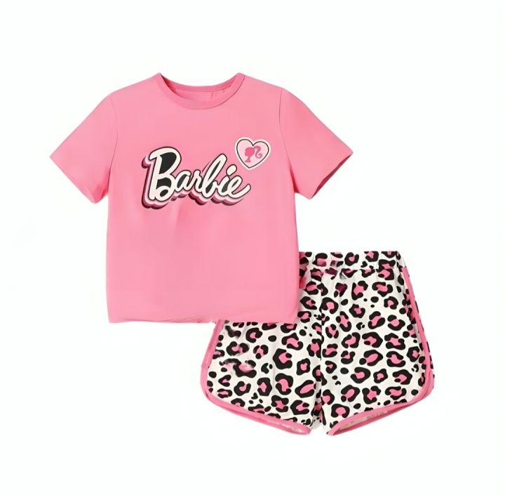 Barbie T-shirt And Shorts For Kids Baby Girls Round Neck Short Sleeve Tee Tops Clothes Sets Dresses Outfit Jannat Store