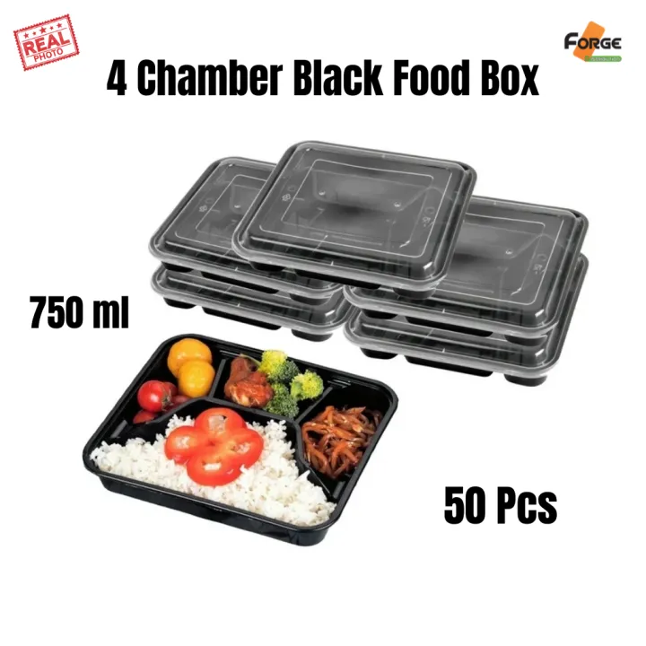 50 pcs 4-Chamber One-Time Food Box – Black Microwave-Safe Meal Tray (22 ...