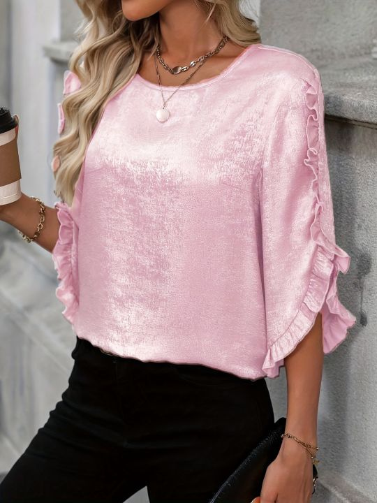 Ladies'%20large%20woven%20solid%20color%20casual%20elegant%20shirt%20-%20Image%203