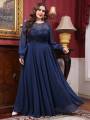 Mgiacy plus size  Round neck see-through sequin embroidery patchwork lantern long sleeve chiffon full skirt Evening gown. 