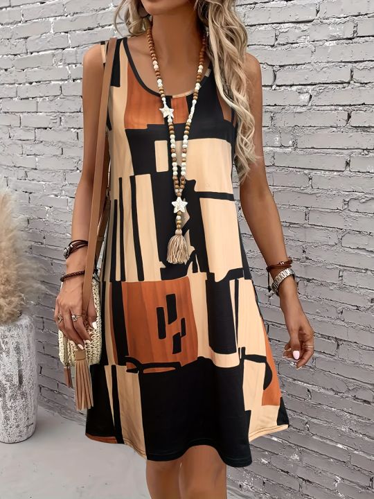 Spring&Summer Women's Geometric Pattern Sleeveless Dress For Summer Vacation,dresses for women summer,Women Bohemia Midi Dresses