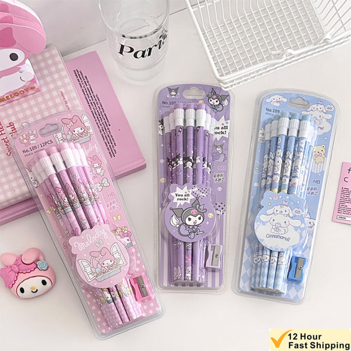 Sanrio Kuromi HB Pencils 12 Pencils & 1 Pencil Roller Stationery Box Set, Student Writing Drawing HB Pencils Sketch Pens