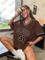 2026 Summer Retro Los Angeles No.91 Print T-Shirt For Women Short Sleeve V-Neck Sports Football Jersey Y2K Loose Oversized Tops. 