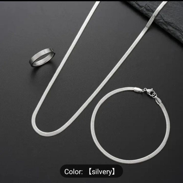 "3Pcs Silver Snake Chain, Ring & Bracelet Set for Men & Boys – Stylish Jewelry Deal"