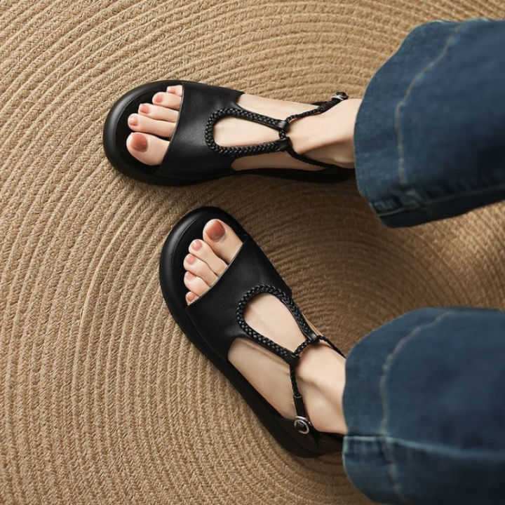 Women's Walking Sneakers,Breathable Lightweight T-Strap Flat Sandals, Comfortable Soft Leather Shoes for Square Dance&Daily Wear