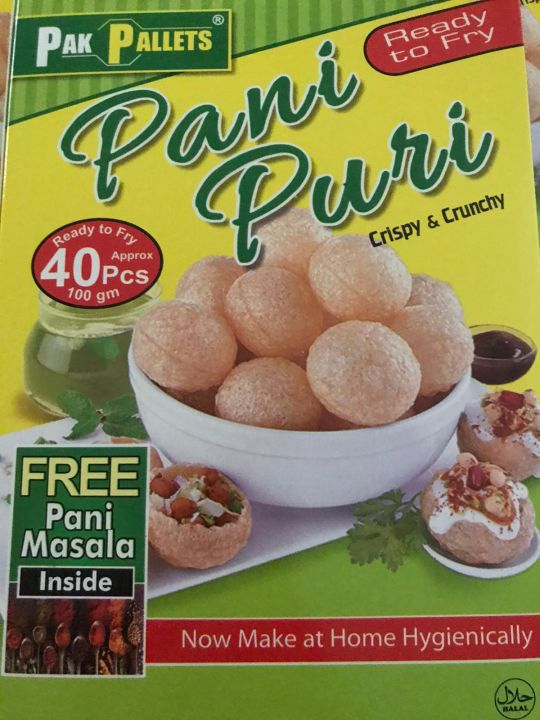 PAK PALLETS  Crispy Gol Gappay with free Chatpatta Spicy Pani masala & Pani puri, Ready To Fry pani puris, single box have almost 40 pallets.