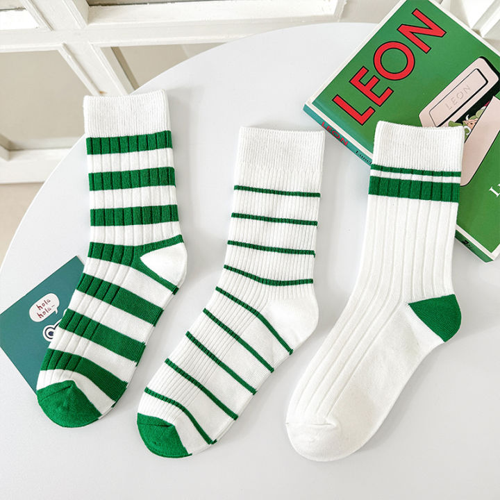 Children's socks in three pairs, spring and autumn style, simple and versatile, green striped socks for boys and girls
