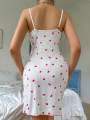 Sexy Women's Night Gown Lace Trim Camisole Bow & Heart Print Sleeveless Sleep Dress Elegant Night Wear for Ladies. 