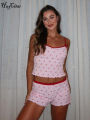 Hugcitar Cherry Print 2 Pcs Matching Sets Slips Bows  Slim Crop Camis Top Shorts Summer Casual Women Outfit Festival Workout. 