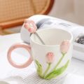 500ml 3D Tulip Pattern Ceramics Mug with Spoon Hand Carved Comfortable handle Coffee Cup Breakfast Milk oatmeal cup Girl Gift. 