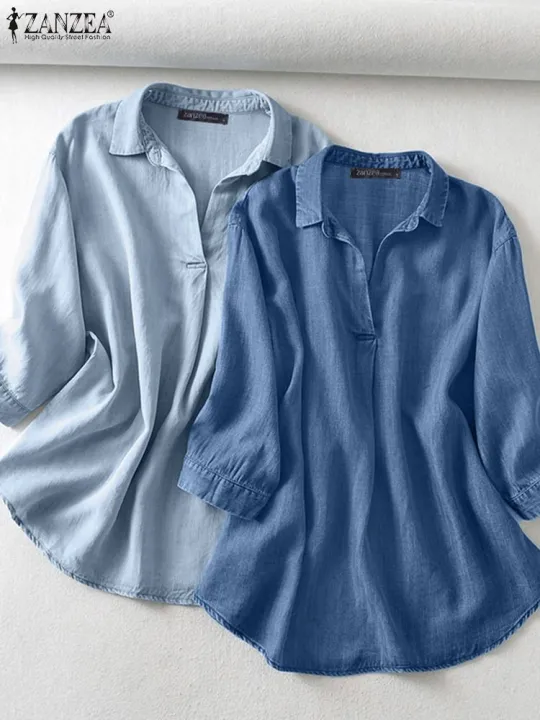 ZANZEA%20Women%20Summer%20V%20Neck%203/4%20Sleeve%20Blouse%20Denim%20Blue%20Shirt%20Elegant%20Solid%20OL%20Work%20Tops%20Casual%20Loose%20Office%20Blusas%20Oversize%20-%20Image%204