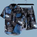Newspaper Print Shirt and Shorts Set Men's Summer Beach Travel Thin Short Sleeve Loose Large Size Casual Suit.