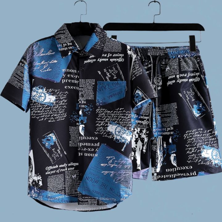 Newspaper Print Shirt and Shorts Set Men's Summer Beach Travel Thin Short Sleeve Loose Large Size Casual Suit