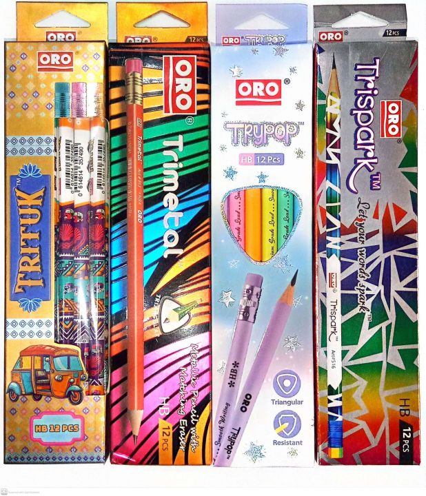 Top 4 ORO pencils with erasers (48) pcs trispark , trimetal, trypop & trituk