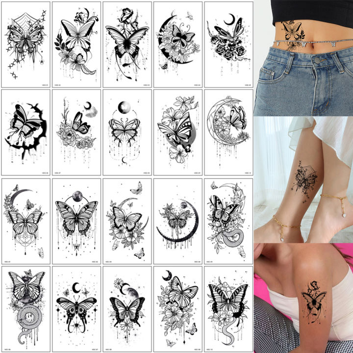 10pcs Black Flower Butterfly Moon Pattern Tattoo Stickers For Hand And Body Makeup Waterproof Temporary Tattoos For Women