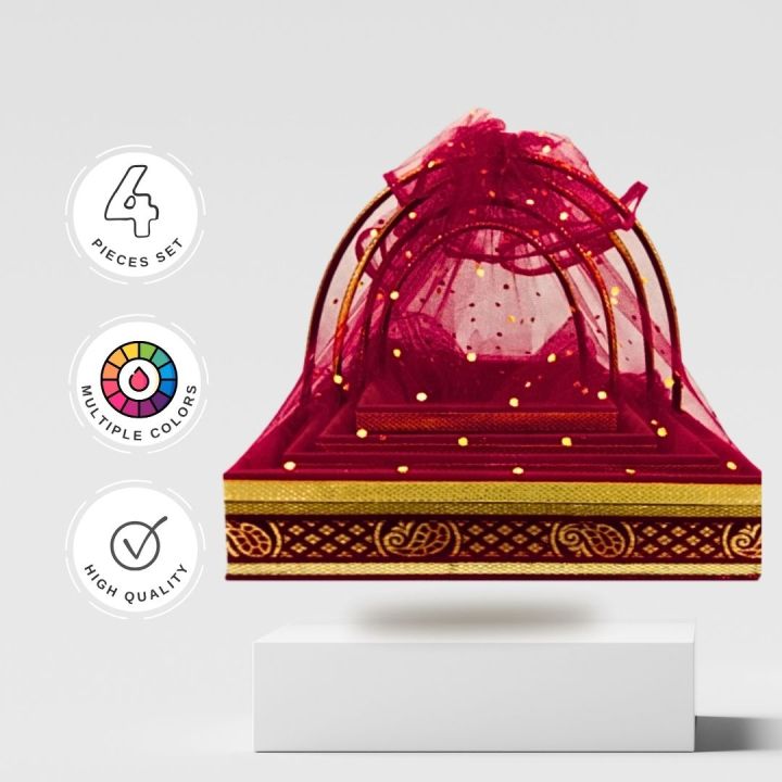 Fancy Gift Basket Set - 4 Square Empty Baskets with Complimentary Colorful Net and lace Wraps | Handcrafted  for Any Occasion - Anniversary, Wedding, Birthday , Mehendi , Shadi , Party | Premium Quality in 13 Vibrant Colors & Sizes (8x8 to 14x14)