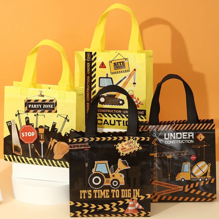 4Pcs Mixed, Construction Party Favors Bags Non Woven Fabric Goodie Bag Candy Bags Portable Bags For Birthday Party Supplies