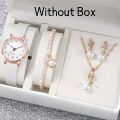 5 Pcs Women Luxury Watch With Bracelet, Necklace And Earrings Beautiful Watch Set For Women For All Occasion. 