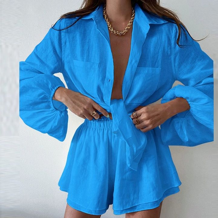 Cakulo 2025 Women's Summer 2-Piece Outfit Long Sleeve Button-Down Loose Blouse And Shorts Sweatsuit Set Casual Comfortable Style