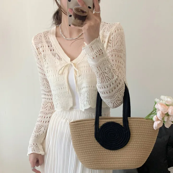 Bolero%20Cardigan%20Women%20Long%20Sleeve%20Tie%20Front%20Openwork%20Crop%20Shrug%20Top%20Lightweigh%20Cover%20Up%20Teen-girl%20Spring%20Summer%20Y2K%2090s%20Outfit%20-%20Image%204