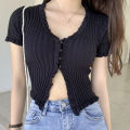 Ruffled Rib Knit Cardigan Short Sleeve Crop Top Y2K 90s Button-up Fitted Shirt Women Teen-girl Spring Summer 2026. 