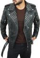 Men’s Studded Black Leather Biker Jacket – Heavy Duty Zippers, Multi Pockets & Belted Motorcycle Style. 