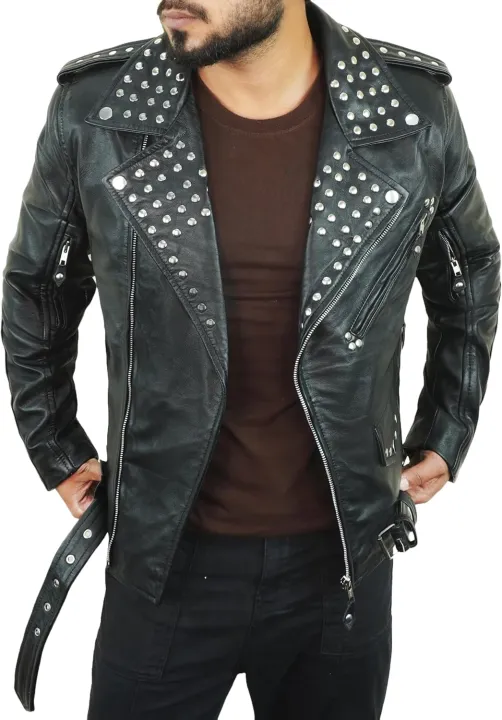 Men%E2%80%99s%20Studded%20Black%20Leather%20Biker%20Jacket%20%E2%80%93%20Heavy%20Duty%20Zippers,%20Multi%20Pockets%20&%20Belted%20Motorcycle%20Style%20-%20Image%202