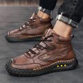 Men's Hand-Stitched Fashion Boots, Retro Lace-Up Mid-High Casual Shoes, Suitable for Spring and Autumn Daily Wear, Outdoor Hiking Boots, Comfortable Large-Size Men's Shoes.