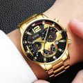3PCS Set Fashion Mens Business Watches Male Casual Stainless Steel Quartz Wristwatch Men Gold Necklace Bracelet Wrist Watch. 