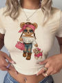 Kawaii Bear with Girls Design Cropped Girls Crop Top T Shirt Women's Print Shirt T-shirt Funny Top Tee. 