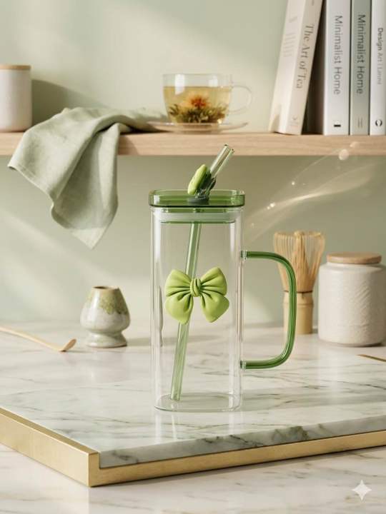 Cute Bow Glass Tumbler with Straw & Handle – 400ml Aesthetic Iced Coffee Mug, Heat-Resistant Clear Borosilicate Glass Cup for Juice, Smoothies & Tea m