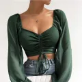 ALLUKASA Sexy Mesh Lantern Sleeves Drawstring Wrap Chest Bare Midriff T Shirt Women Long Sleeves Bottoming. 