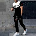 Men's 2025 Summer Splicing Letter 3D Printed Pattern Breathable Quick Drying Top Trendy Soft Top Street Round Neck T-shirt Set.