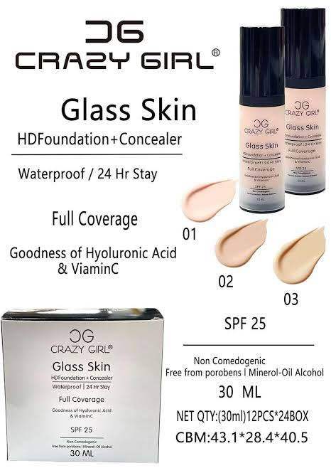 Crazy Girl Glass Skin HD Foundation + Concealer 24HR Stay Waterproof || Full Coverage With Goodness Of Hylouronic Acid and Vitamin C || 3 Shades Available