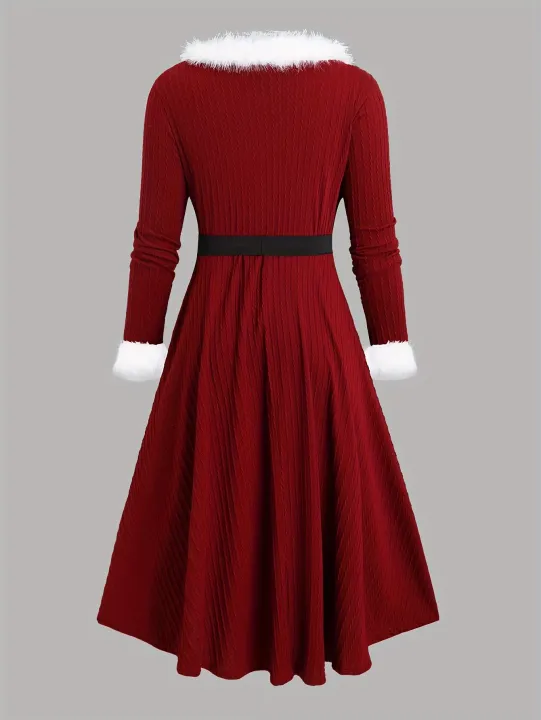 Plus%20Size%20Women's%20New%20Autumn%20and%20Winter%20Fashion%20Jacquard%20Furry%20Edge%20Long%20Sleeve%20V-Neck%20with%20Waist%20Belt%20Dress%20-%20Image%202