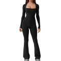 Foreign Trade Women's Long Sleeved Waist Cinching and Waist Lifting Square Collar Wide Leg High Elastic Jumpsuit.