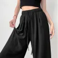 Back to School Summer Women's New Fashion Thin Japanese Ice Silk Wide-Leg High-Waisted Straight Draped Anti-Wrinkle Casual Pants. 