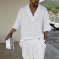 Men Shorts Set Summer Casual Knitted Two Piece Men's Clothing V-Neck Short Sleeve T-shirt and Shorts Streetwear Knit Outfits. 
