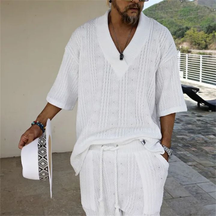 Men%20Shorts%20Set%20Summer%20Casual%20Knitted%20Two%20Piece%20Men's%20Clothing%20V-Neck%20Short%20Sleeve%20T-shirt%20and%20Shorts%20Streetwear%20Knit%20Outfits%20-%20Image%204