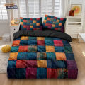 3pcs Color Block Splicing Printed Coreless Down Duvet Cover Set, Multi Size Bedroom Bedding Decoration, Machine Washable.