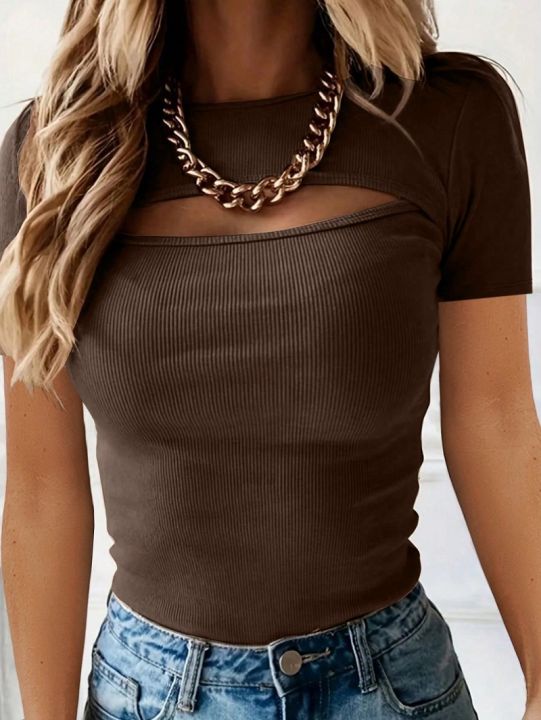 2024 European And American Summer Cross-Border New Women's Round Neck Chest Open Short Sleeve T-shirt