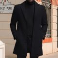 Men's Wool Pea Coat Solid Color Lapel Collar Single Breasted Jacket Warm Mid Length Winter Trench Coat.