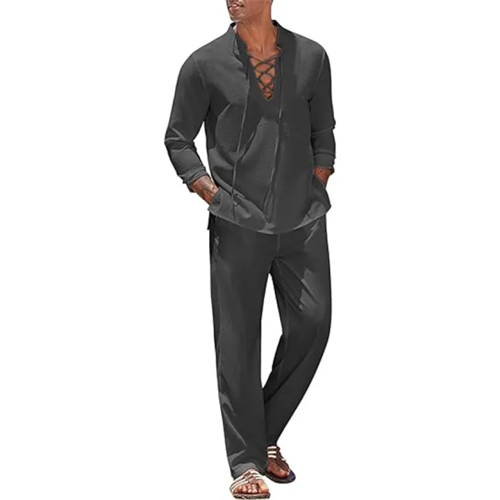 2pcs%20Set%20Men's%20Cotton%20Linen%20Shirt%20and%20Pants%20Suits%20for%20Men%20Beach%20Wear%20Tracksuit%20Solid%20Color%20Shirts%20Sweatpants%20Hawaiian%20Vacation%20-%20Image%207