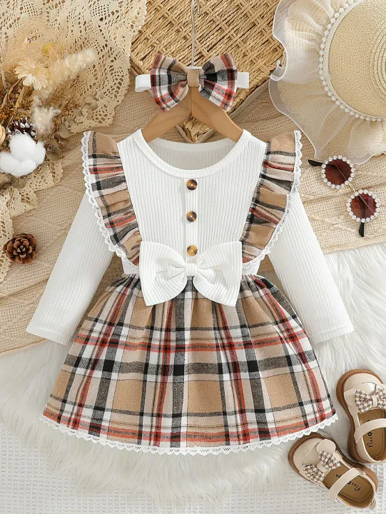 Baby%20girl's%20new%20fashionable%20plaid%20patchwork%20groove%20lace%20design%20bow%20dress%20and%20headband%20-%20Image%204