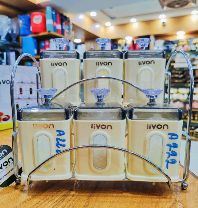 7%20Pcs%20Livon%20Rectangular%20Airtight%20Spice%20Jar,%20Container%20&%20Rack%20with%20Metal%20Base%20-%20Green%20White%20-%20Pink%20-%20Image%202