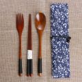 Spoon Fork Chopsticks Portable Tableware Wooden Cutlery Sets Travel Dinnerware Suit Environmental with Cloth Pack.