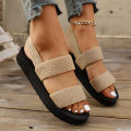 Ladies Elastic Flat Sandals Simulated Grass Weave Lightweight Beach Casual Shoes Classic Black.