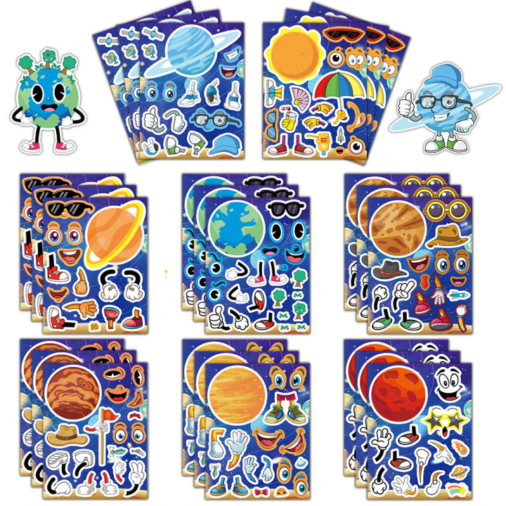 Sticker Character Solar System 8 Sheets Solar System Cartoon Planet Make a Face Stickers DIY ...